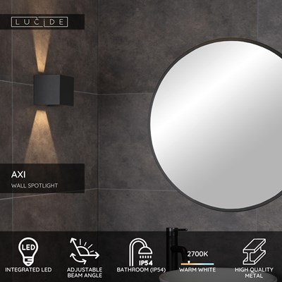 Lucide AXI - Wall spotlight / Wall light Bathroom - LED - 2x7W 2700K - IP54 - Adjustable beam angle - Black